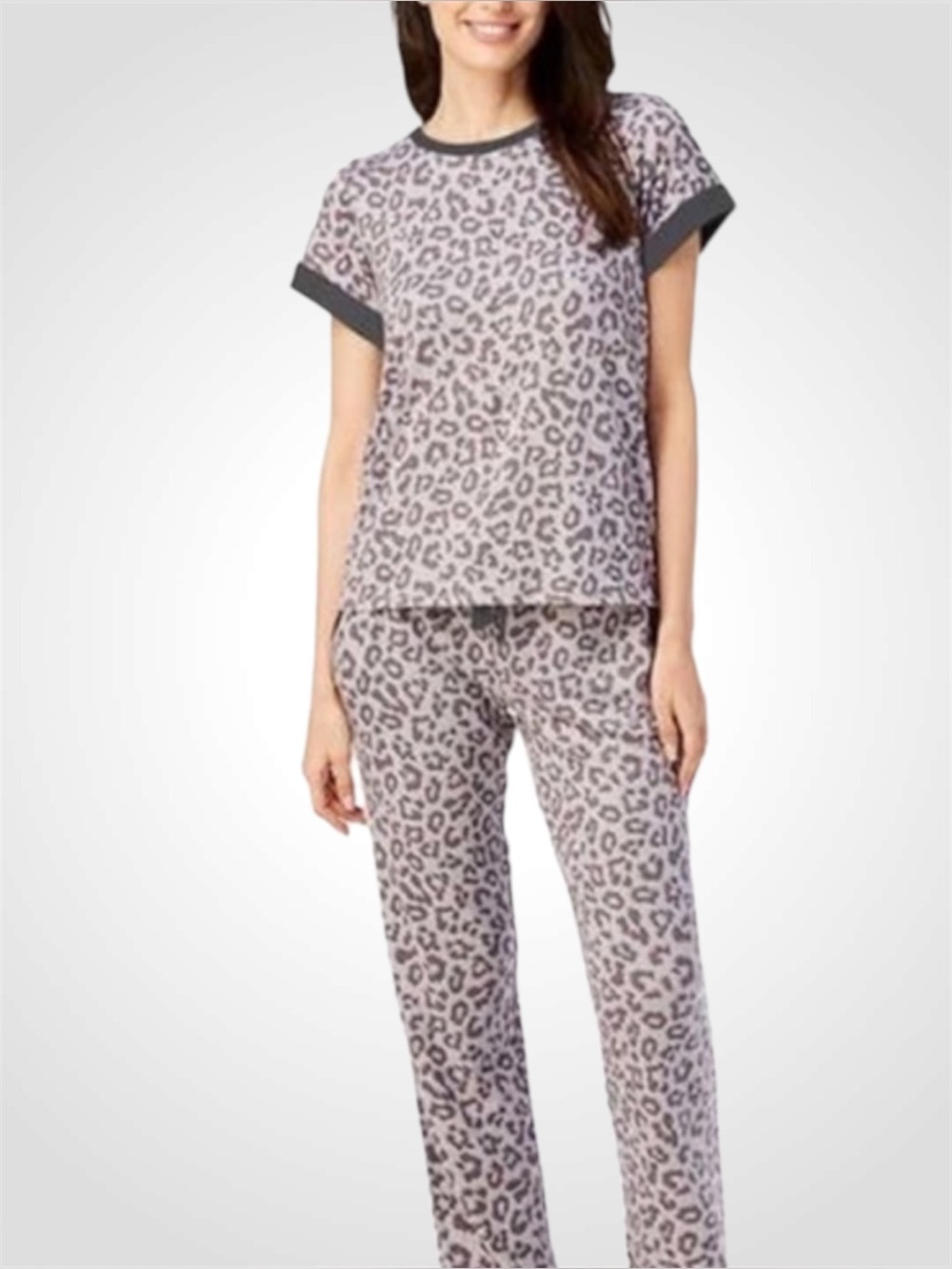 Lucky Brand Stretchy Gray Leopard Print Short Sleeve Pajama Set Pockets S